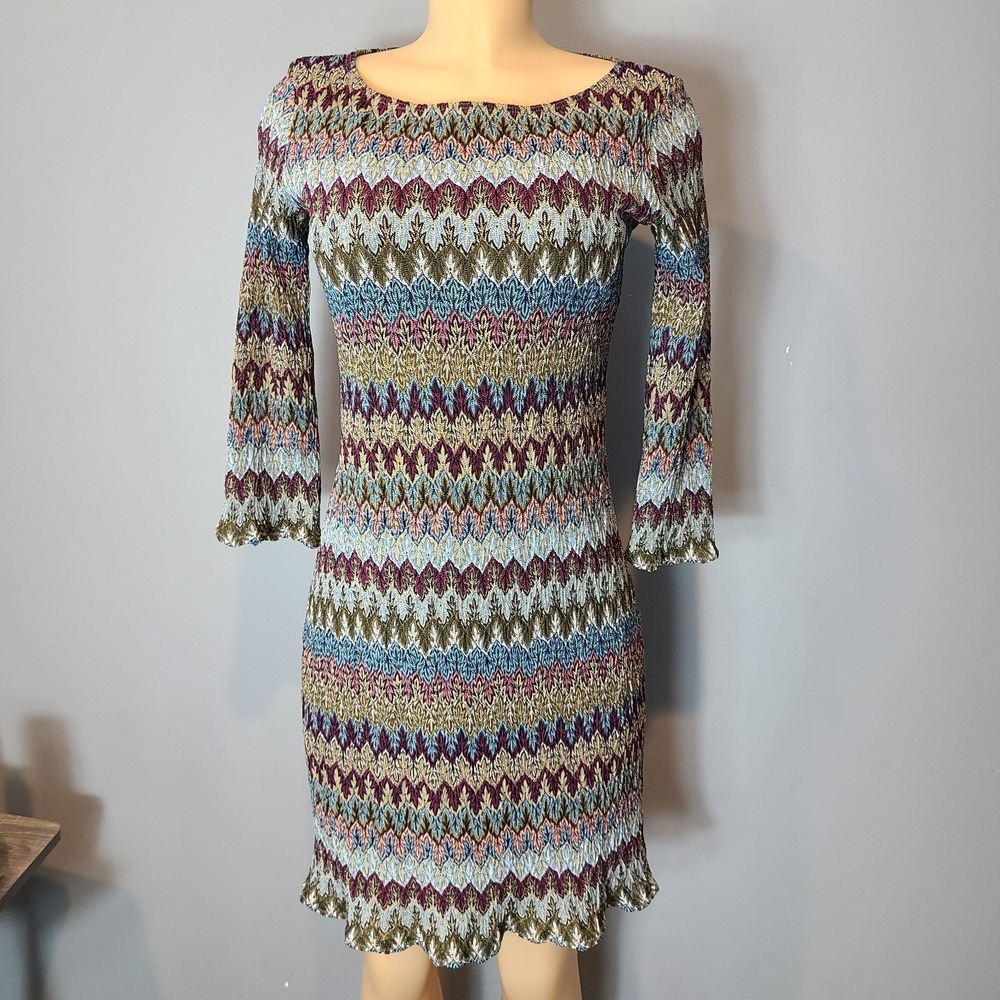 Vintage 90s Y2K Zig Zag Knit Flare Sleeve Dress Sz Small Metallic Multi Designer